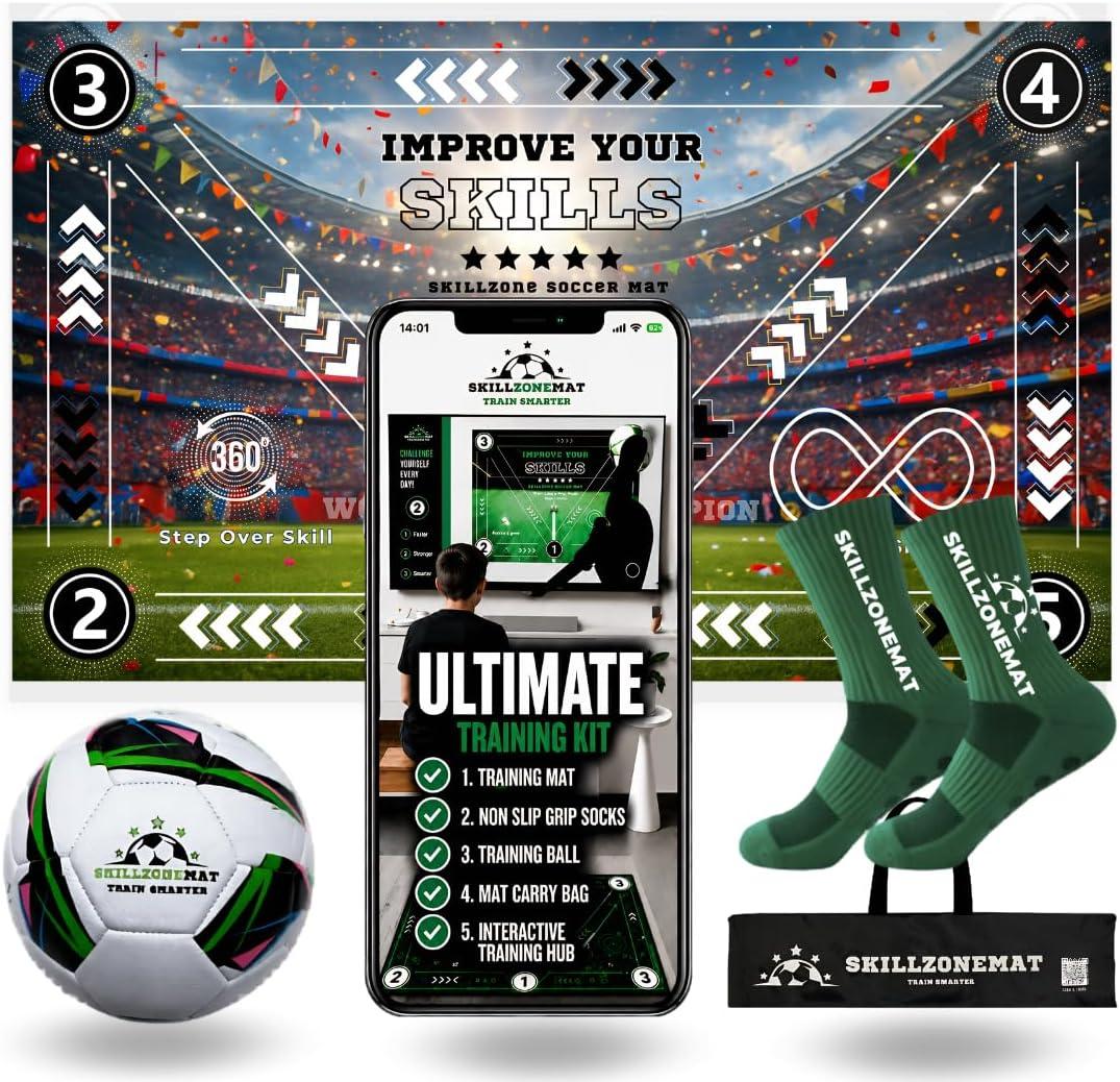 SkillZone Soccer Training Mat with Soccer Ball – Dribbling & Footwork Trainer | Indoor/Outdoor Soccer Training Kit with Interactive Video Hub, Grip Socks & Carry Bag | Control & Agility Practice