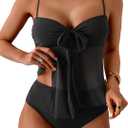 B2prity Womens Mesh Tankini Swimsuits Flowy Two Piece Bathing Suit V Neck Tie Knot Swim Top with High Waisted Bottom (Large, Black)