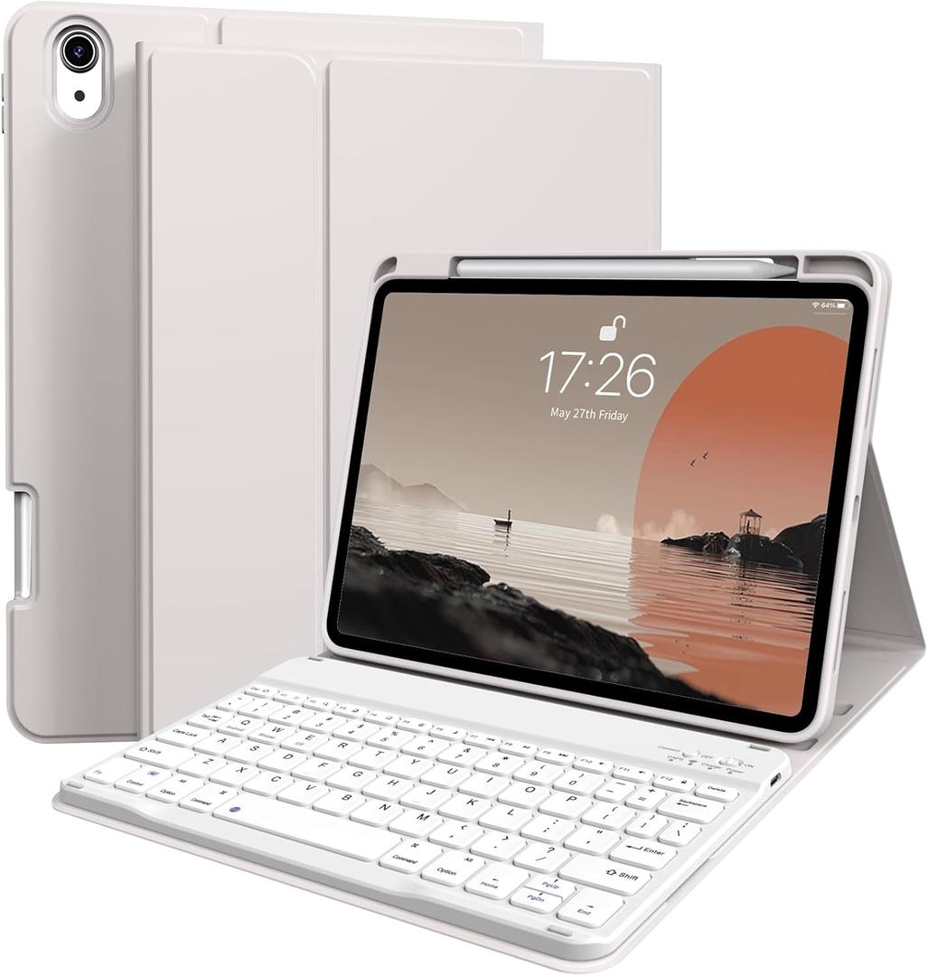 kenke for iPad 11/10th Gen Case with Keyboard 11/10.9 inch 2025 A16/2022, Detachable Wireless Bluetooth Keyboard Case Thin & Light with Built-in Left Side Pencil Holder, White Square Keycaps (Gray)
