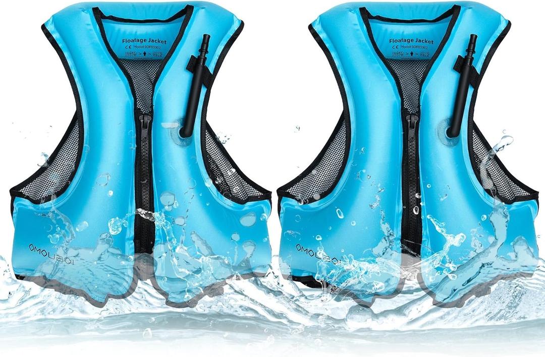 Leyndo 2 Pcs Swim Vest for Adults Inflatable Snorkel Portable Lightweight Inflatable Jacket Packable Paddle Water Sports Safety Vest for Women Men Kayaking Canoeing Swimming (Blue)