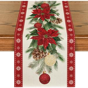 Artoid Mode Poinsettia Pine Branches 210 GSM Christmas Table Runner, Seasonal Winter Kitchen Dining Table Decoration for Home Party Decor 13x72 Inch (Red)