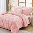 JOLLYVOGUE Queen Comforter Set 7 Pieces - Bed in a Bag Queen for All Season, Pintuck Bedding Comforter Sets with Comforter, Flat Sheet, Fitted Sheet and Pillowcases & Shams, Pink