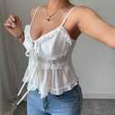 SweatyRocks Women's Y2k V Neck Ruffle Trim Tops Summer Sleeveless Spaghetti Strap Women Shirts (White, S)