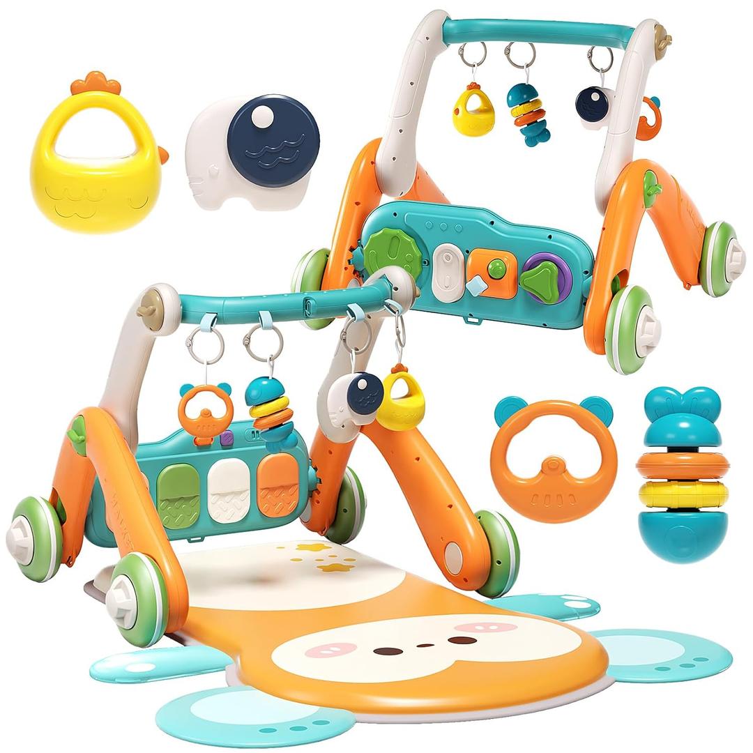 2 in 1 Baby Gym with Walker,Baby Play Mat with 5 Infant Learning Sensory,Double-Sided Multifunctional Removable Play Piano Panel,Sit-to-Stand Learning Walker for 0-24 Months Boy Girl [Orange] (colorful)