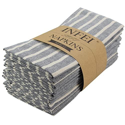 INFEI Broad Striped Cotton Blended Dinner Cloth Napkins - Set of 12 (17 x 17 inches) - for Events & Home Use (Navy)