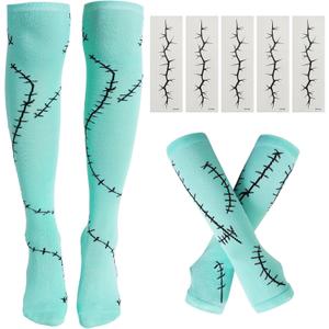 Scar Arm Sleeves and High Thigh Socks with 5Pcs Scars Tattoo Stickers Women Costume Accessories (Light Blue)