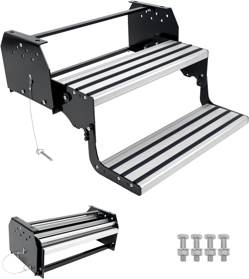 1-Step Manual Retractable RV Steps, 450lbs Capacity with 5mm Carbon Steel Frame & Anti-Slip Aluminum Pedals, Locking Limit Switch Design for Campers, Trailers, RVs