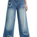 EXARUS Girls Jeans Baggy Denim Pants Wide Leg/Flare Teen Clothes Ripped | Tween Washed Trousers Casual Youth Kids Junior Preteen Preppy Back to School Bottoms Pockets Mid Rise Y2K 6-16Y (Blue)