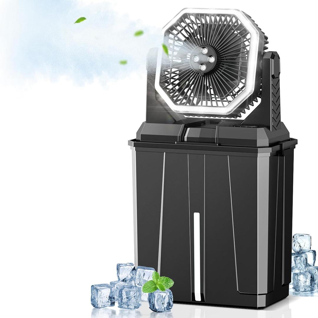 Allsion Rechargeable Misting Fan, 24000mAh Camping Misting Fan with 8L Water Bucket, 3-Speed Outdoor Cooling Fan with LED Lights, 120Oscillation for Camping, Backyard, Patio,Outdoor-Black, Large