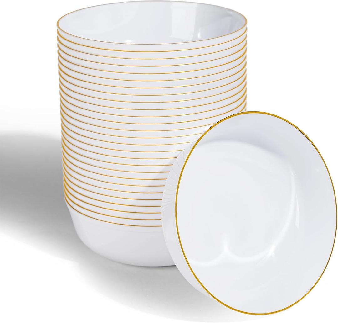 30 Pack 18oz White Plastic Bowls, Disposable Soup Bowls with Gold Rim Heavy Duty Salad Bowls for Party, Wedding