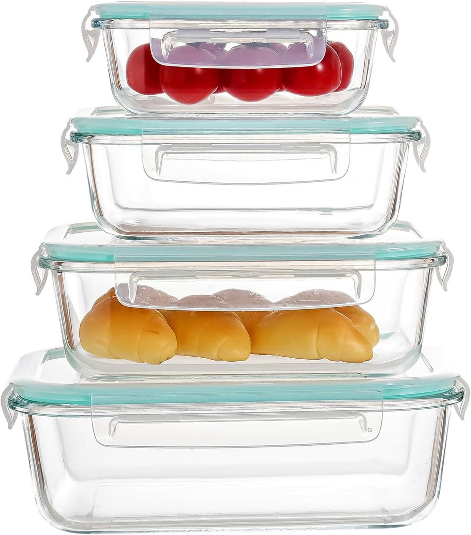 4-Piece Glass Food Storage Container Set with Secure Locking Lids, Transparent Blue, Microwave, Oven, Freezer, and Dishwasher Safe