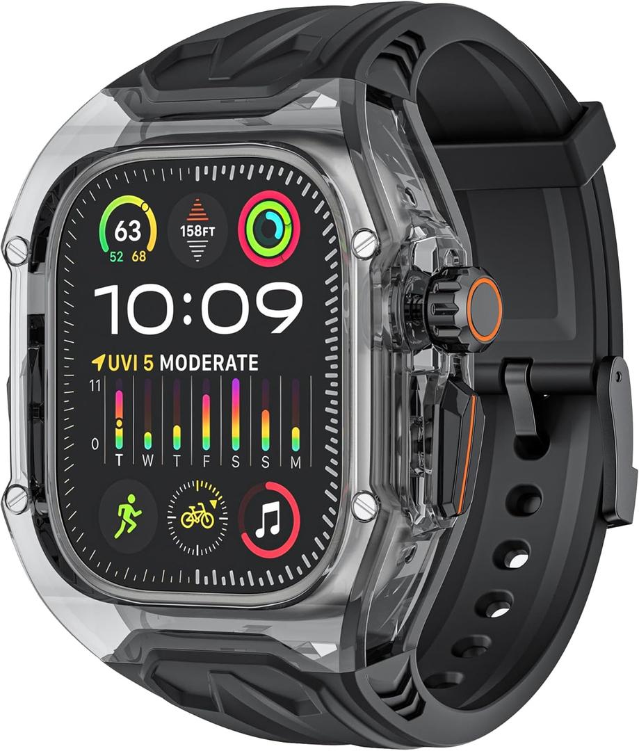 VeveXiao Transparent Designer Rugged Case with Band Compatible with Apple Watch Ultra 3/Ultra2 49mm Band,Luxury Crystal Clear Military Protective Cover Bumper Tactical iWatch Ultra Strap