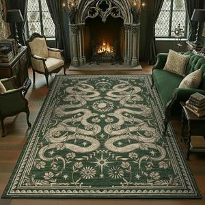 Snake Washable Rugs 6x9 Area Rug for Living Room Forest Soft Low-Pile Stain Resistant Thin Carpet for Bedroom Dining Nursery Non Slip Mat with Rubber Back Green