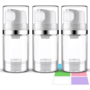 3 Pack Airless Pump Jar 1.7oz/50ml Airless Pump Bottles Empty Moisturizer Pump Dispenser Travel Pump Bottles for Lotion Toiletries Shampoo Cream with Labels(Clear)