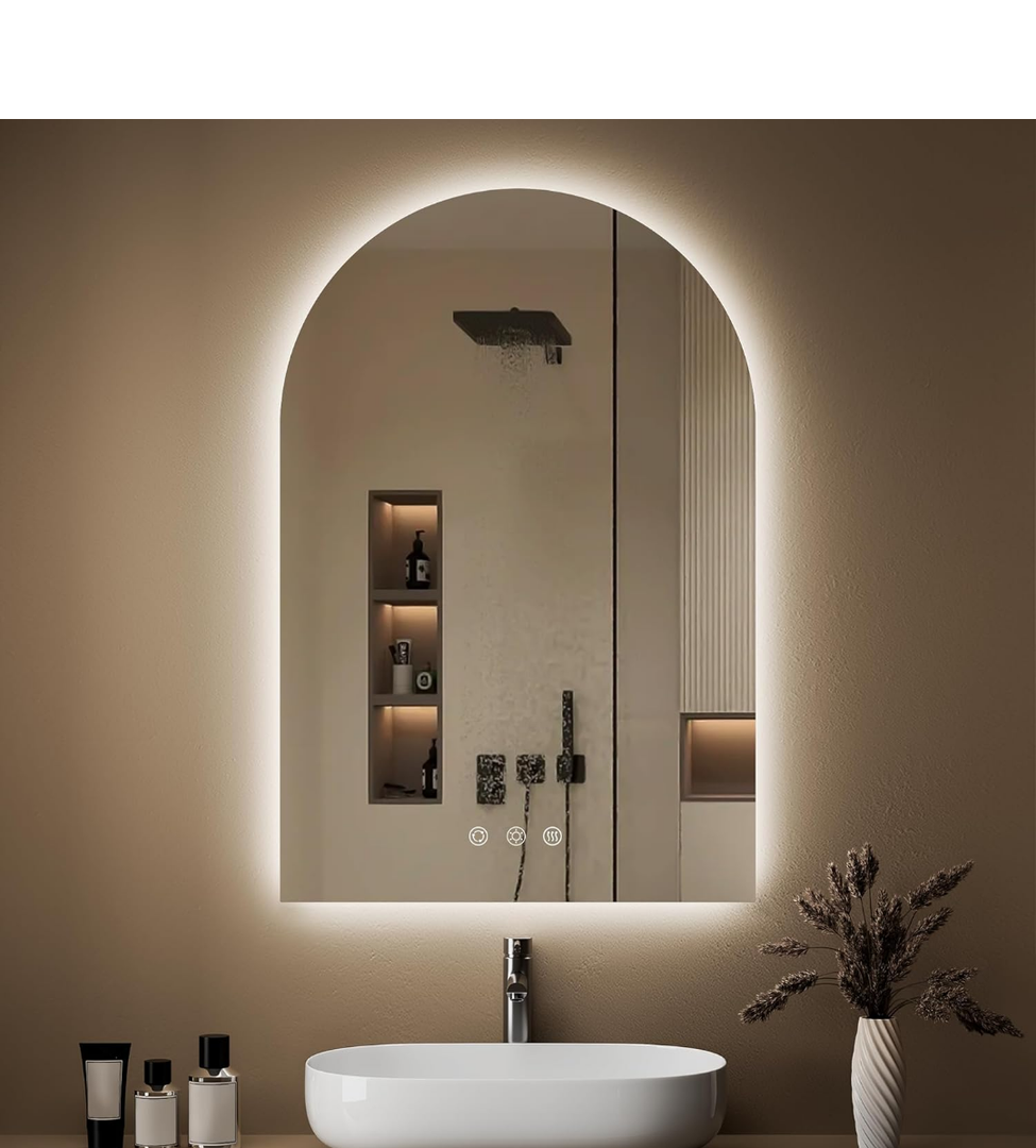 Arched Backlit Mirror Bathroom 24"x36"- Frameless LED Bathroom Mirror with Lights, Fogless, Dimmable, 3 Color Changing, Shatterproof, Touch Sensor
