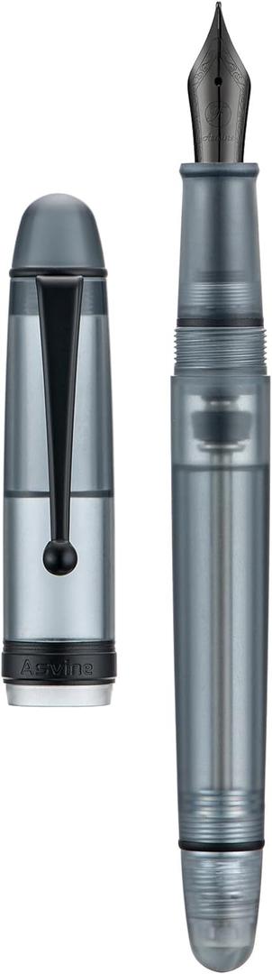 Asvine V126 Vacuum Filling Fountain Pen, Matte Black Acrylic Fine Nib, Large-Capacity Pen with Gift Case