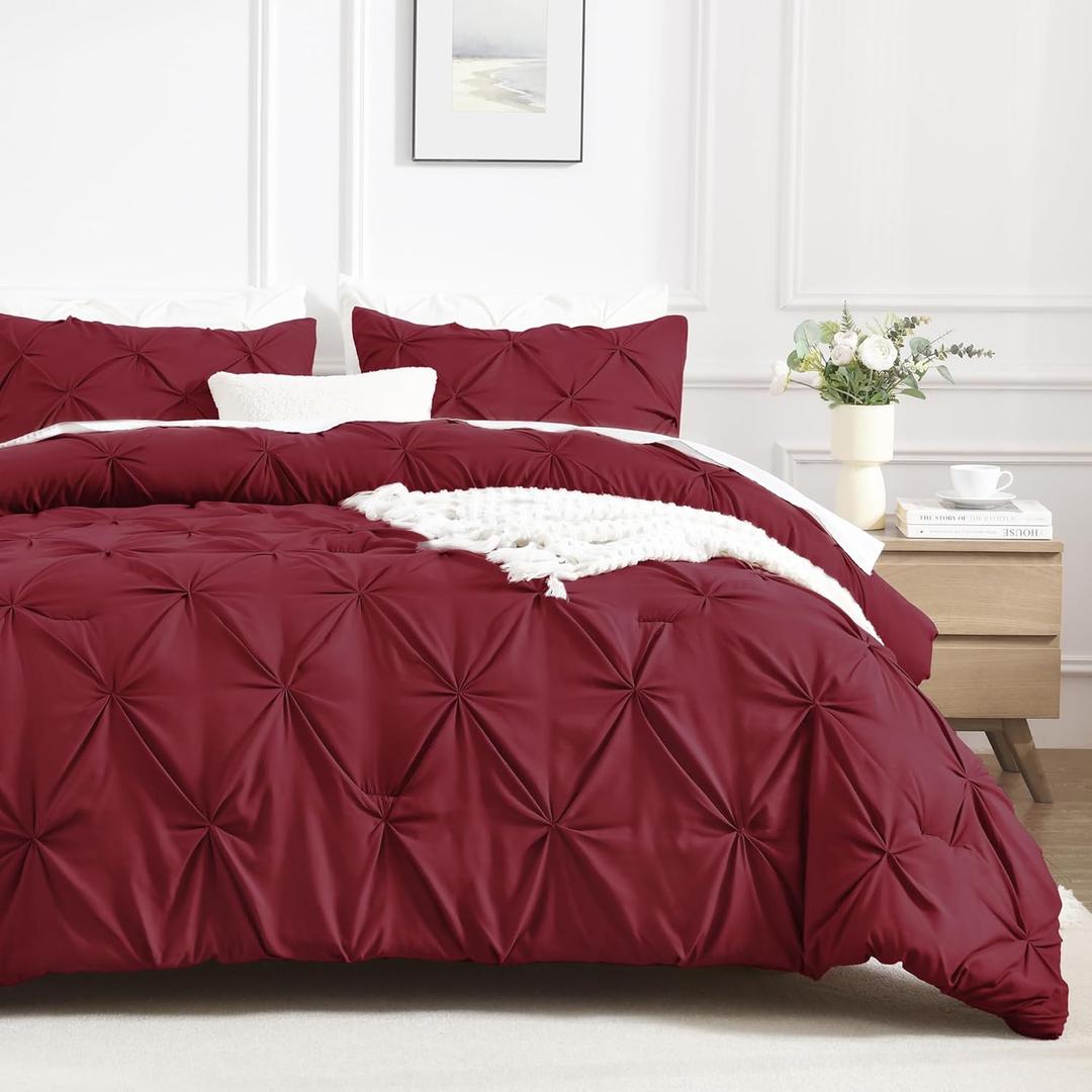 Andency Full Comforter Set Burgundy, 3 Pieces Pinch Pleat Bedding Comforters & Sets, Pintuck Lightweight Fluffy All Season Bed Set for Women Men Girls(79x90Inch)