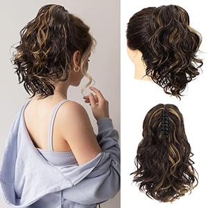 SEIKEA 12" Short Claw Highlight Ponytail Extension, PT001 Ella Wavy Curly Thick Jaw Clip in Hair Extensions Ponytail Soft Natural Looking Synthetic Hairpiece Dark Brown Golden Blonde Highlights