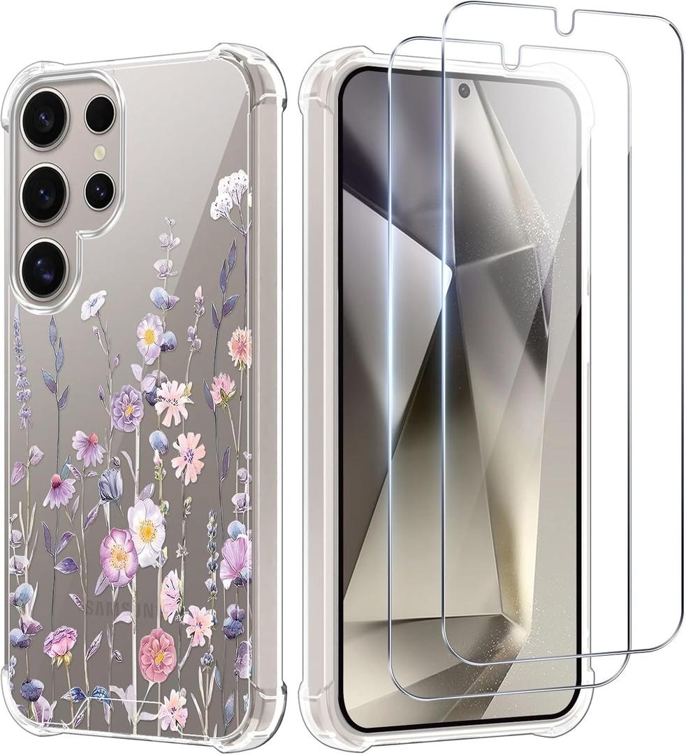 Clear with Flower for Samsung Galaxy S24 Ultra Case with Screen Protectors X2,Transparent Floral Slim Non Yellowing Non-Slip Shockproof Military-Grade Protection Phone Cover for Women Girl