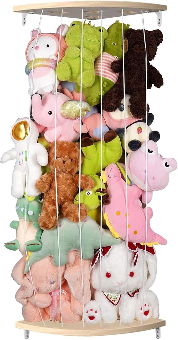 GUIGUZI Cuddly Toy Storage Organiser, Wooden Corner Stuffed Toy Shelf, Nursery Hanging Toy Organiser for Plush Toys and Teddy Bears