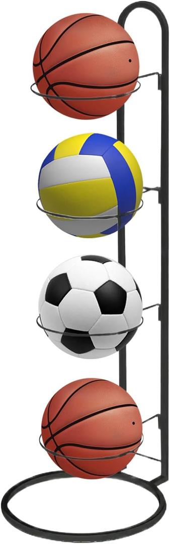 2024 New Ball Storage Rack4 Tier Cube Ball Storage HolderBasketball Football Holder Carbon Steel Heavy Duty Basketball Stand Painted Nail-Free Multi-Purpose Vertical Ball Rack