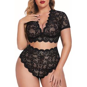 Avidlove Plus Size Lingerie Plus Floral Lace Scallop Trim Lingerie Set Deep V Allover Lace Bra Panties Set Sexy Clubwear (14W, 1 Black)