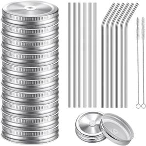 26 PCS Regular Mouth Mason Jar Lids With Straw Hole - 70MM Canning Caps for Drinking and Food Storage, Silver Tinplate With Silicone Ring, Straws, and Cleaning Brush