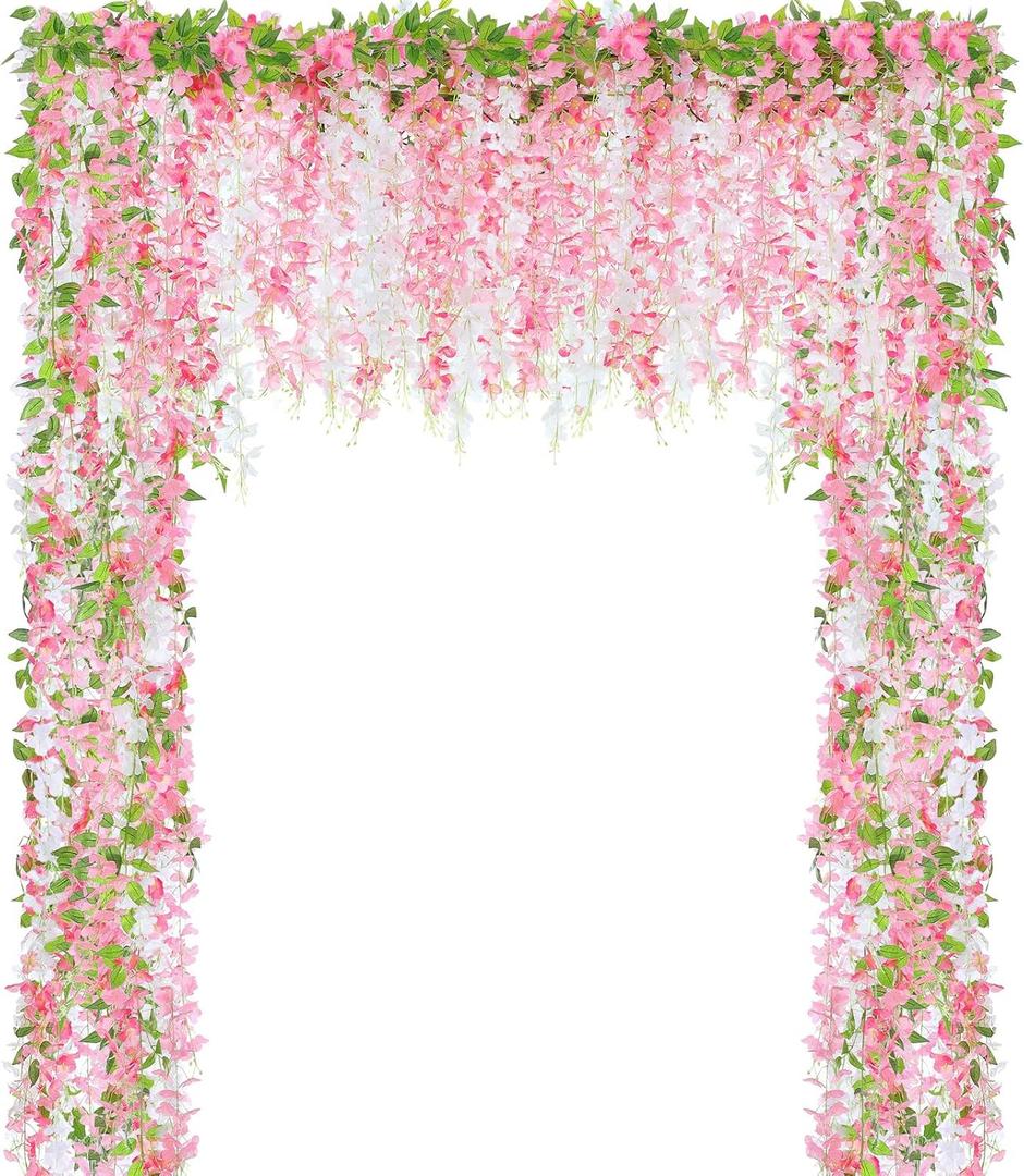 Thiccywoov 4pcs Wisteria Artificial Flowers Garland, 7.2Ft/Piece Wisteria Hanging Flowers Garland for Wedding Arch Decoration Outdoor Ceremony Home Backdrop Garden (Pink, Dark Pink, White)