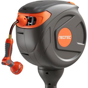 NEO-TEC Retractable Garden Hose Reel 82 ft 1/2 Inch, Ground-Mounted Freestanding Water Hose, No-Drill 360 Swivel, Any-Length Lock & 20% Slow Return for Large Yard Lawn Car Washing