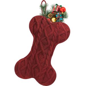 Dog Christmas Stocking, Large Bone Shape Knit Christmas Stockings for Dogs, Xmas Party Hanging Stocking for Fireplace Tree Gift Home Decoration (Red)