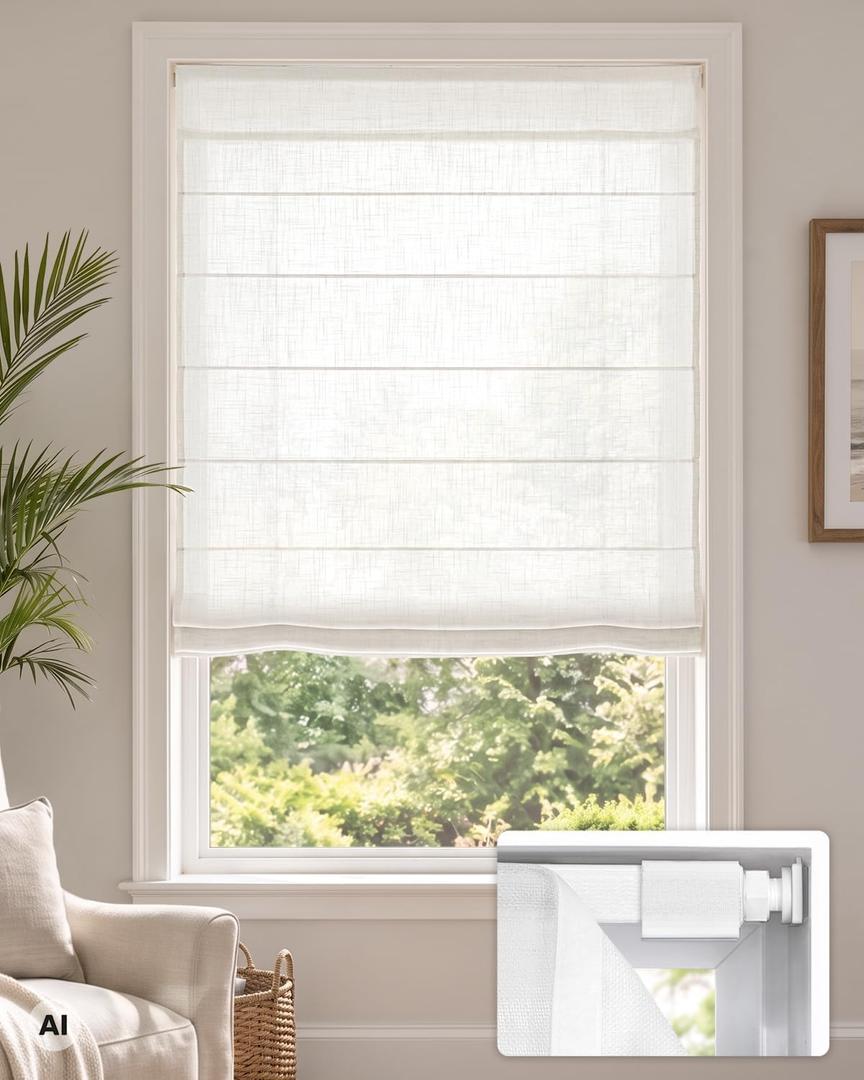 LazBlinds No Drill Cordless Roman Shades, 35" W × 64" H, Trace White