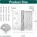 3 Pack 4 x 4 Inches Heavy 304 Stainless Steel Door Hinges, Bearing Capacity Exterior Door Hinges with Square and 5/8'' Radius