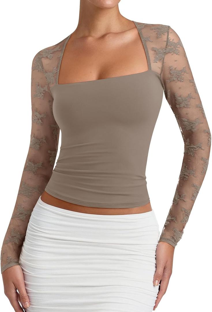 PINKMSTYLE Women Sexy Square Neck Lace Long Sleeve Tops (Brown)