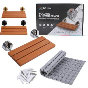 Chrome 20" Wide Wall Mounted Teak Folding Shower Bench Seat - Shower Chair or Sauna Bench - Hot Tub Bench - Entryway Fold Down Bench Seat - Holds 400 LBS - Anti-Slip Shower Mat Included