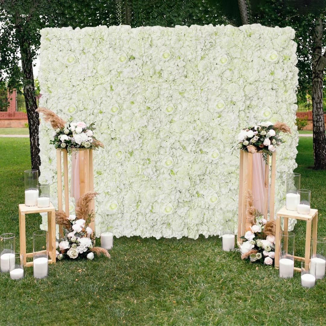 LJIE-House 12 Pack White Artificial Flower Wall Backdrop Panels 15 x 15 Inch White Rose Wedding Backdrop 3D Floral Wall for Party Baby Shower Bridal Wedding Background Decor
