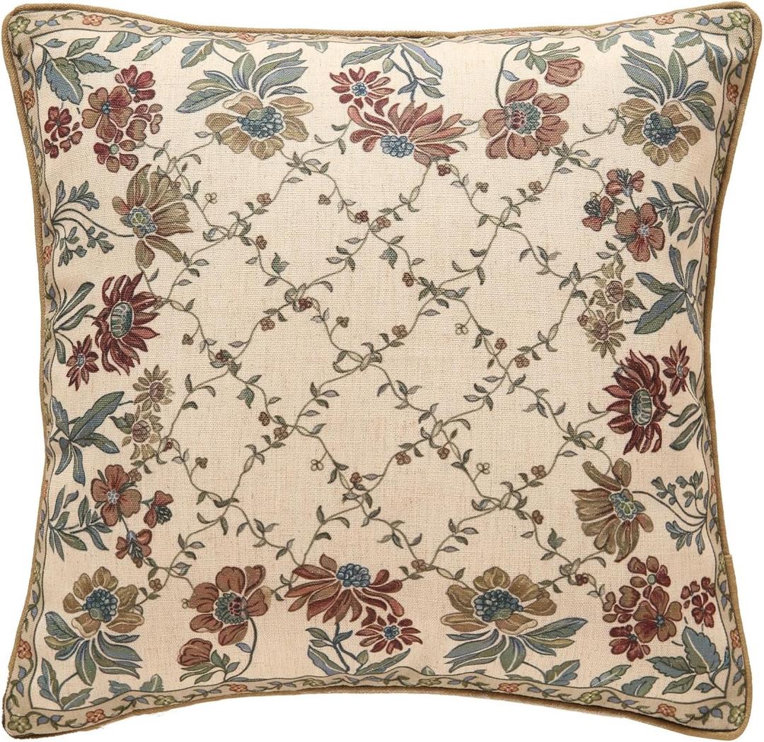 patdrea Designer Throw Pillow Covers,Square Euro Retro Style Light Brown Linen with Floral Pattern Pillow Cover,Decorative Pillowcases Cushion for Bed Living Room Outdoor Car,18"x18"