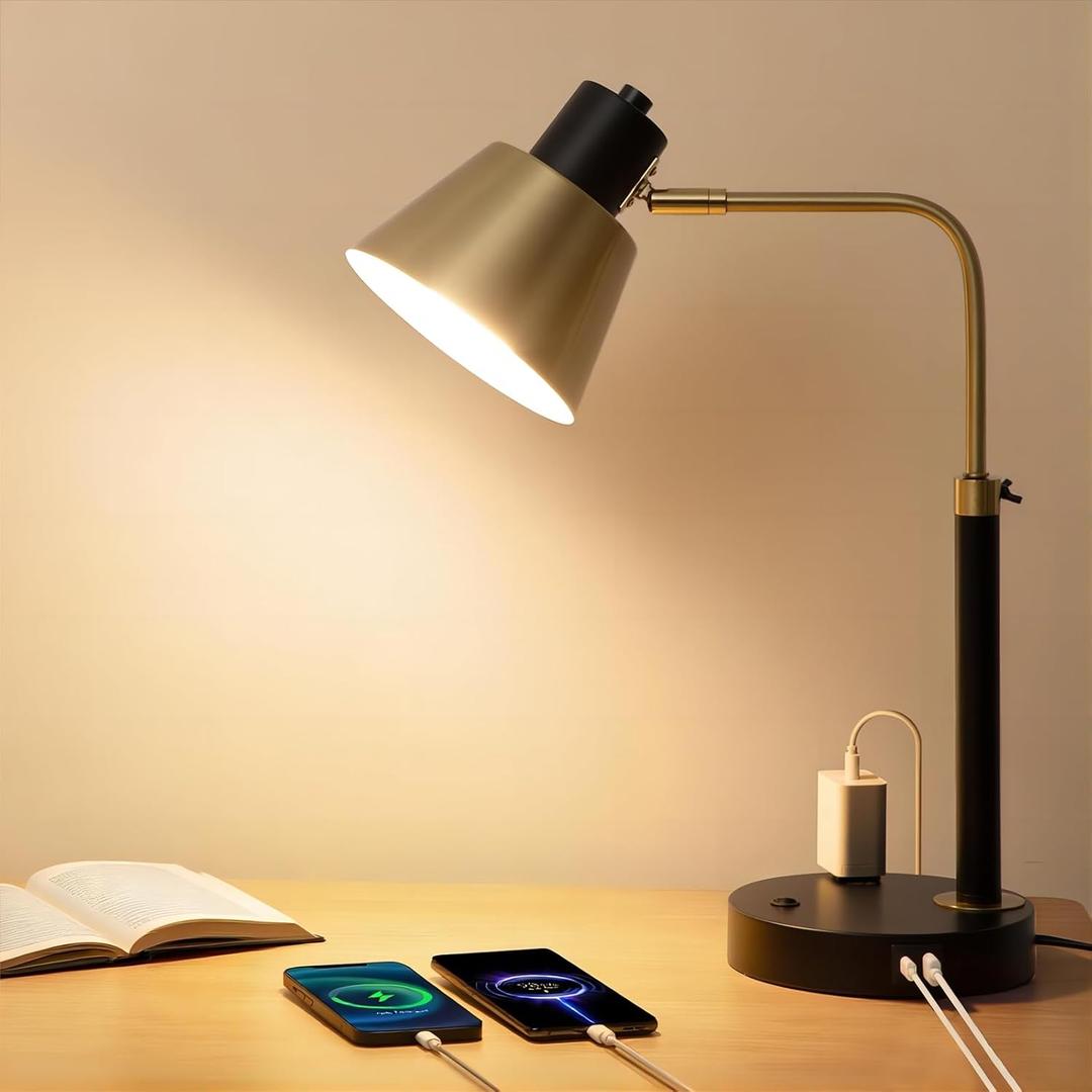Desk Lamp with Dual USB Charging Port, Heavy Duty Metal Task Light, 340 Degree Swivel Arms, Easy Assembly with Cord Guide, Reading Lamp for Home Office, Black & Gold (Bulb Not Included)