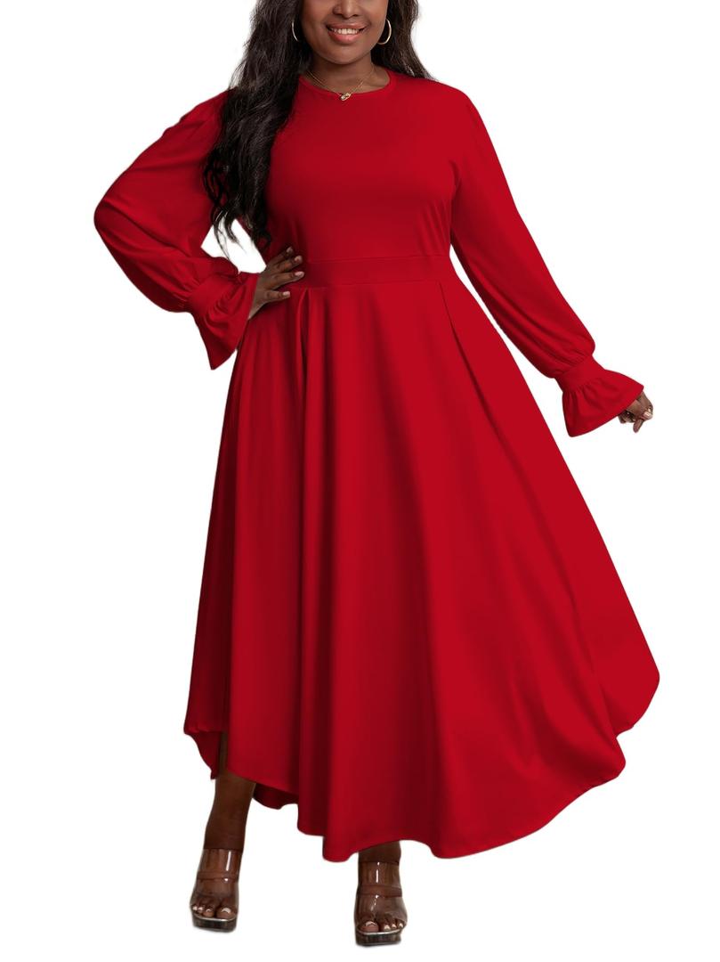 XNMHL Plus Size Church Dresses for Curvy Women Formal Empire Puff Sleeve African Attire Flowy Hem Outfits (Red, XL)