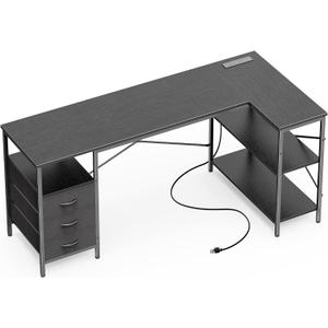 Huuger L Shaped Desk with Power Outlets, 63 Inch Reversible Computer Desk with 3 Drawers and Shelves, Home Office Table for Corner Work Study Writing Gaming, Black