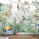Reyhui Kids Wallpaper Tropical Leves and Safari Animals Wall Mural for Wall Bedroom Living Room TV Background Sofa Wall (not self-Adhesive)