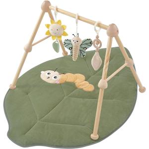 4-in-1 Wooden Baby Play Gym & Activity Mat, Soft Cotton Tummy Time Mat for Babies 0+,with 3 Detachable Toys for Sensory & Motor Skill Development,Newborn Infant Baby Essentials Gift,Leaf (Green)