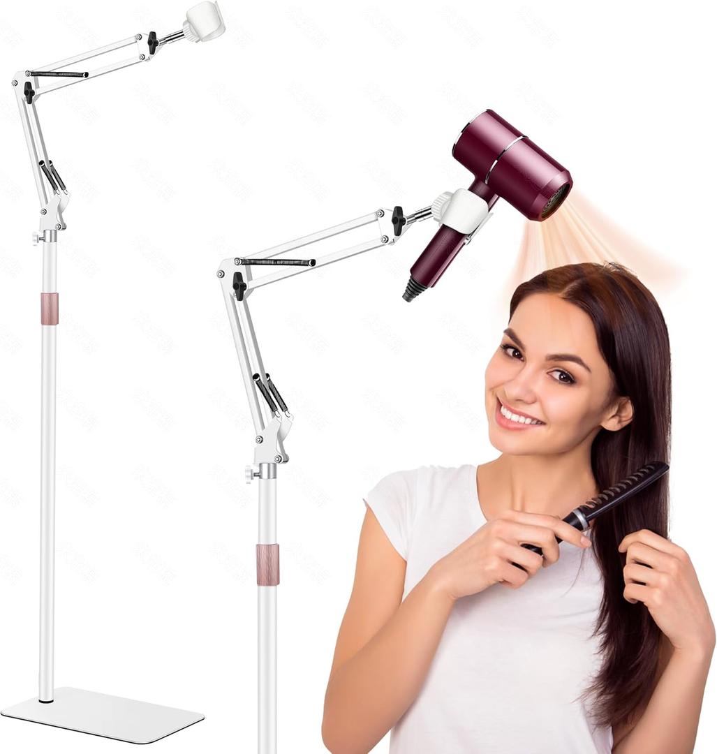 Hair Dryer Stand, 1.68M Height Adjustable, Hands Free Blow Dryer Holder with Heavy Base, 360 Degree Rotating, Work with 99% Dryers, Gift for Mom, Elder, Frozen Shoulder - White (White-1)