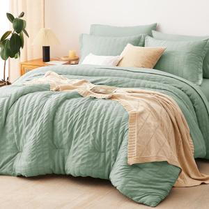 CozyLux King Size Comforter Set Sage Green Seersucker 7 Pieces Bed in a Bag King Comforter Set with Sheets, Luxury Bedding Set with Down Alternative Comforter, Sheets, Pillowcases & Shams All Seasonss