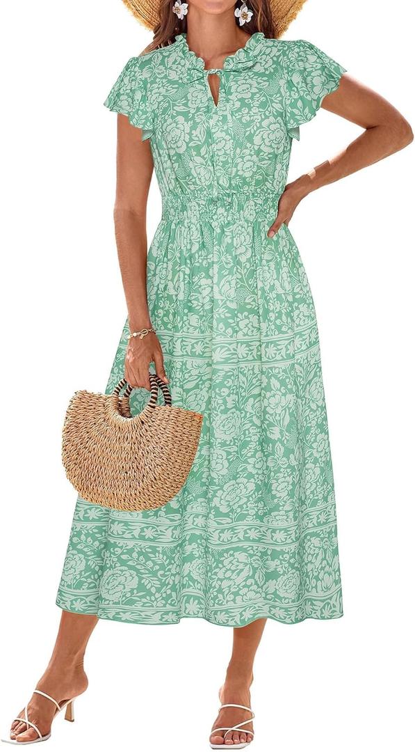 GRACE KARIN Women's Floral Boho Dress Hawaiian Dresse Short Sleeve V Neck Summer Beach Wedding Guest Swing Maxi Sundress (Green, L)