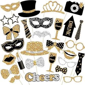 30 Pieces Black Golden Photo Booth Props for Birthday Wedding New Year Party,Mix of Hats, Mask, Lipstick, Tie, Crowns and More Funny Selfie Props