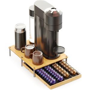 SpaceAid Bamboo Coffee Pod Holder Drawer Storage Compatible with Nespresso Vertuo Capsules, Coffee Station Accessories Holder Organizer Tray Compatible with 40 Big or 56 Small Pods, Natural