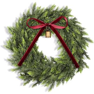 Dingion 12 Inch Real Touch Christmas Cedar Wreath Artificial Cedar Wreaths for Front Door Winter Faux Green Fake Pine Cypress Wreath with Red Bow for Window Outdoor Indoor Wall Home Xmas Holiday Decor