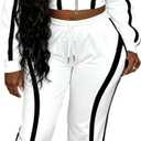 Women Striped 2 Piece Outfits Long Sleeve Zip Up Jacket Top and Wide Leg Pants Set Tracksuits with Pocket, Medium, White