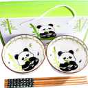 Cute Ceramic Rice Bowl Set with Bamboo Design and Chopsticks Set of 2