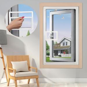 Magnetic Window Screen with Small Window, Easy to Open and Close, Used for Windows with Handles(White Frame Grey Mesh with Small Windows, 57''X35''(145X89cm))